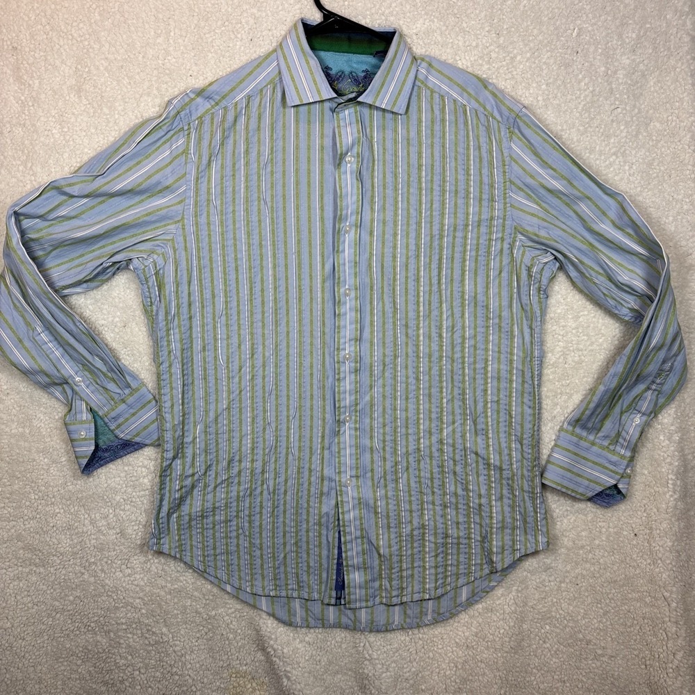 Robert Graham Striped Button Down Mens Medium Blue Green extured Paisley